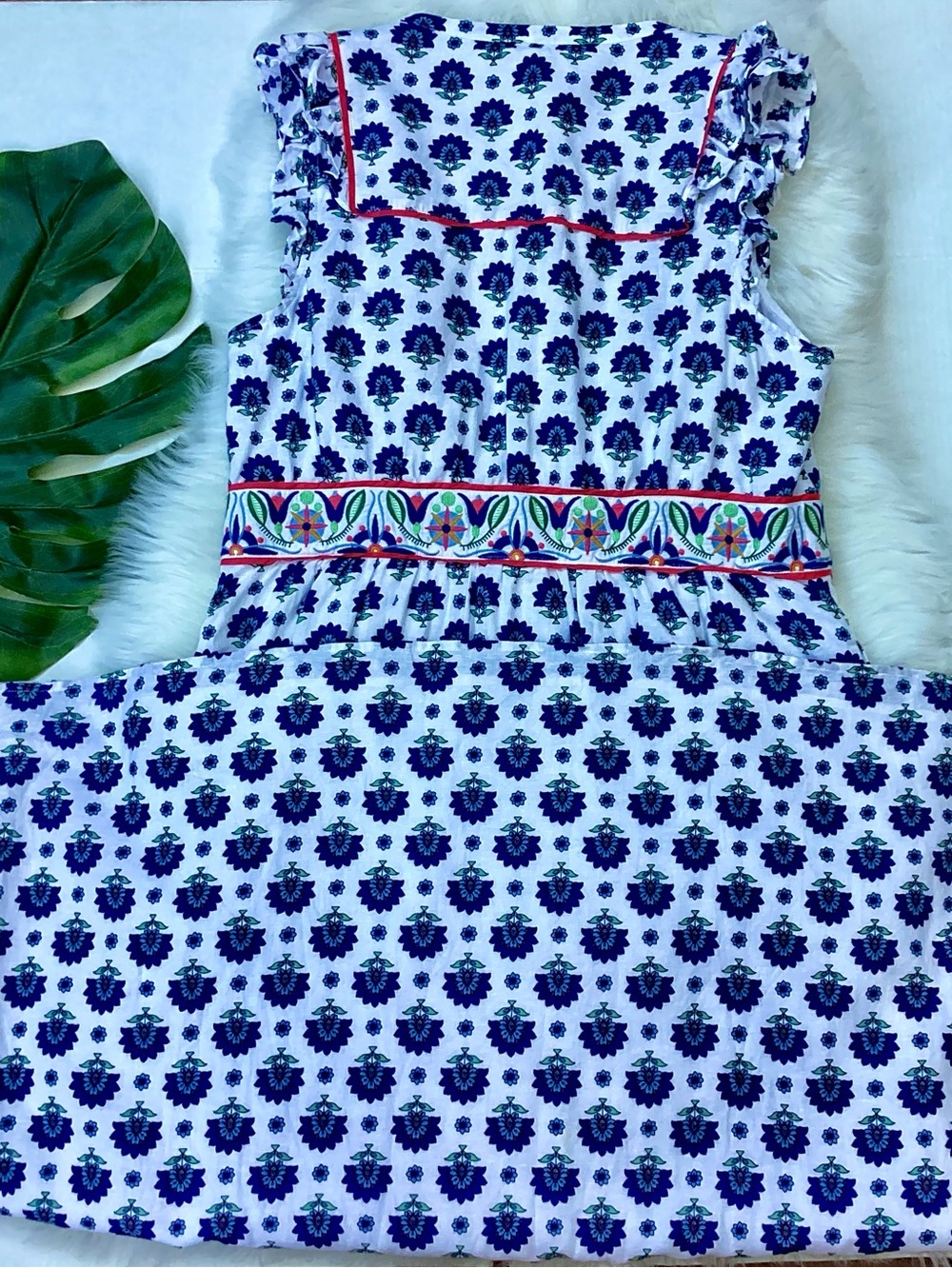 Boden Linen Cotton Frill Embroidered Midi Dress w/ POCKETS Blue & White 12 - Picture 7 of 10